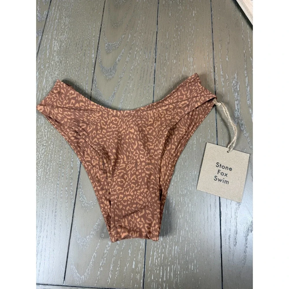 Stone Fox Swim Bikini Bottom Womens XS Brown Leopard‎ Print High Leg Cheeky NEW